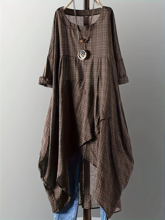 Relaxed Plaid Oversized Dress with Asymmetrical Hem